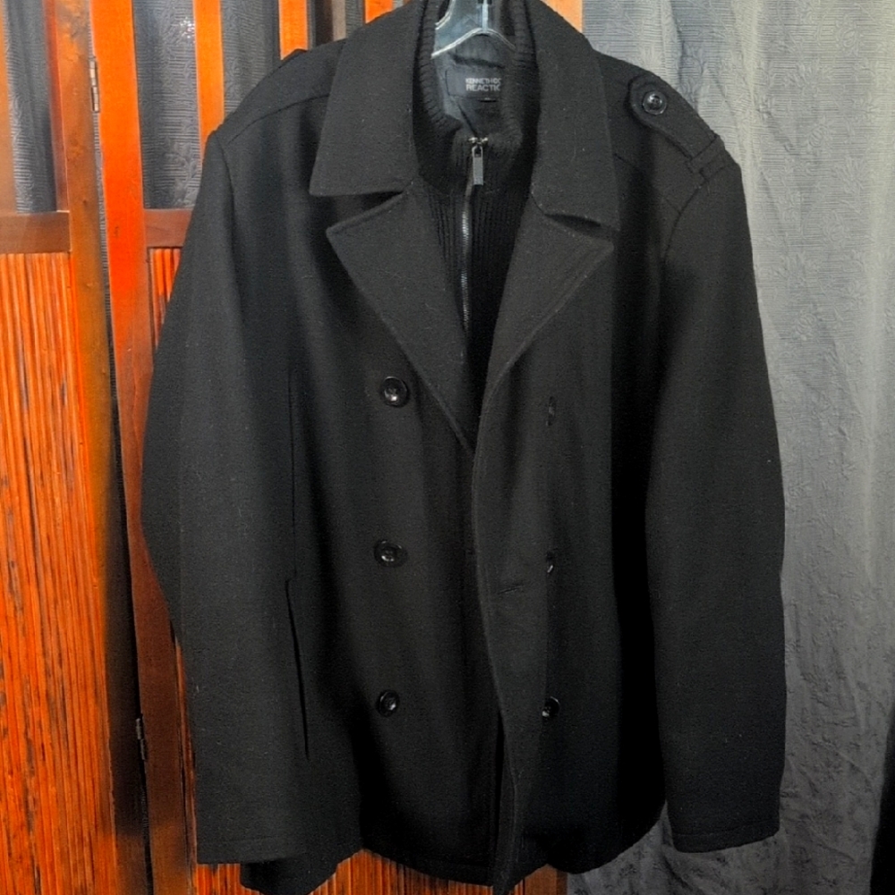 Kenneth Cole Reaction Black Heavy Pea Coat Classic Wool XL